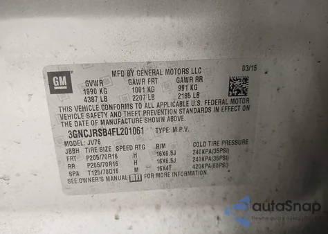 2015 Chevrolet Trax Lt из США, поврежденный, VIN 3GNCJRSB4FL201061